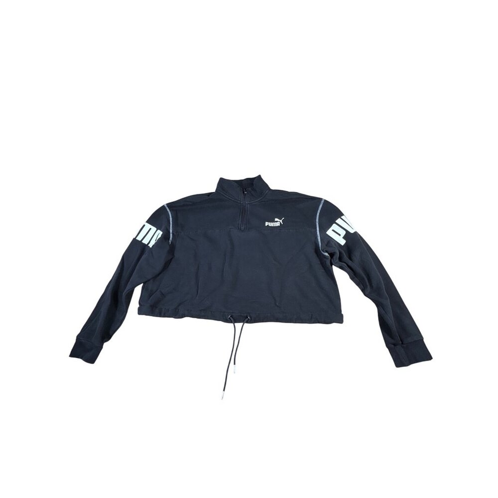 Puma Cropped Quarter-Zip Black Pullover Sweatshirt Sz L Drawstring Hem Logo